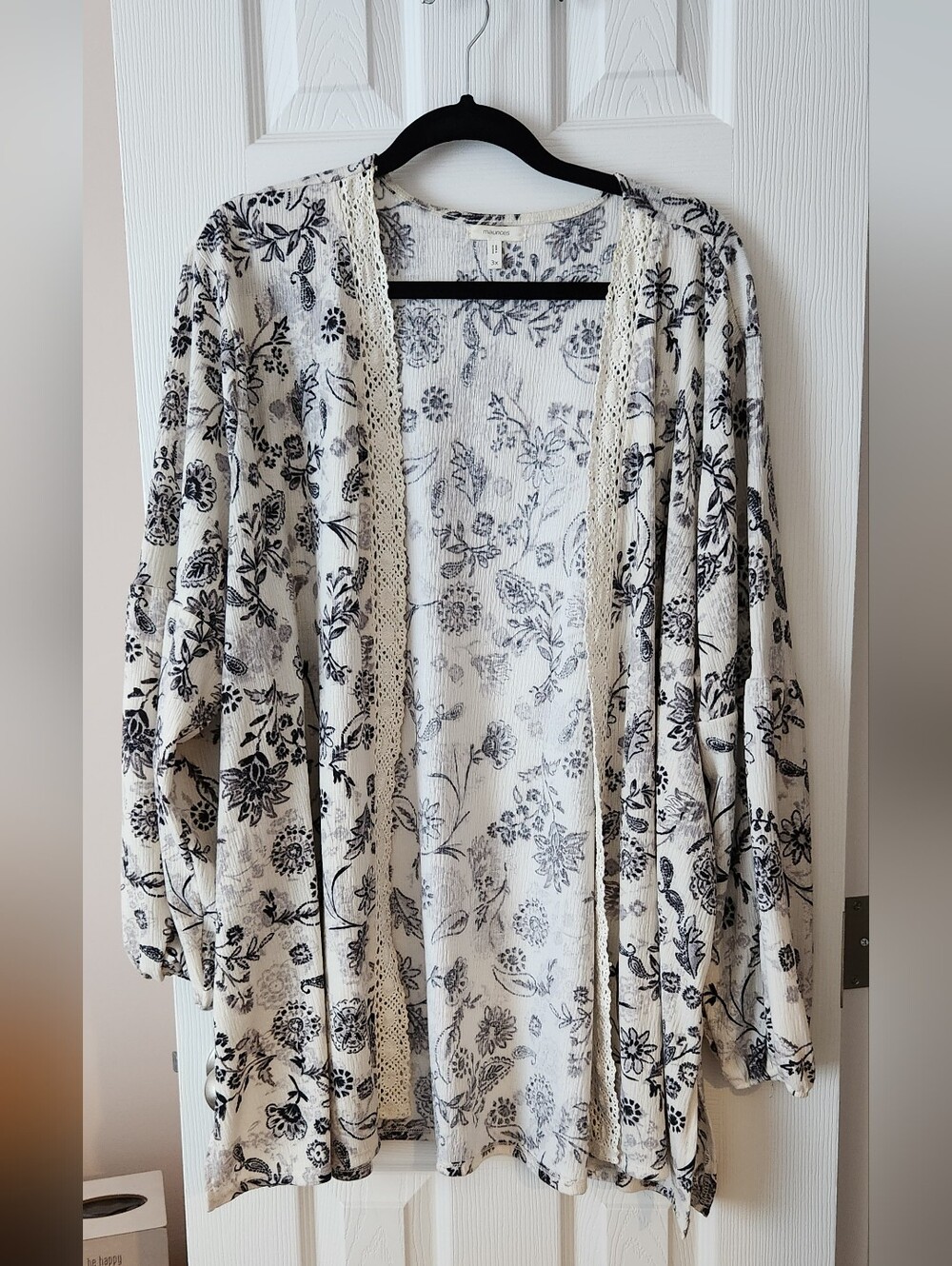 Maurices 3X Black Floral Print Open Cardigan on Cream